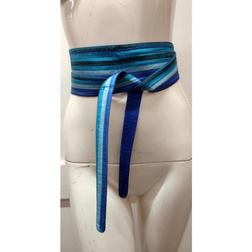 Vintage Silk Sash Belt Blue Stripes India Made Vtg 70s Bohemian OBI WRAP KIMONO